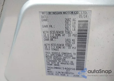 2014 Infiniti Qx60 z USA, uszkodzony, nr VIN 5N1AL0MM4EC540056